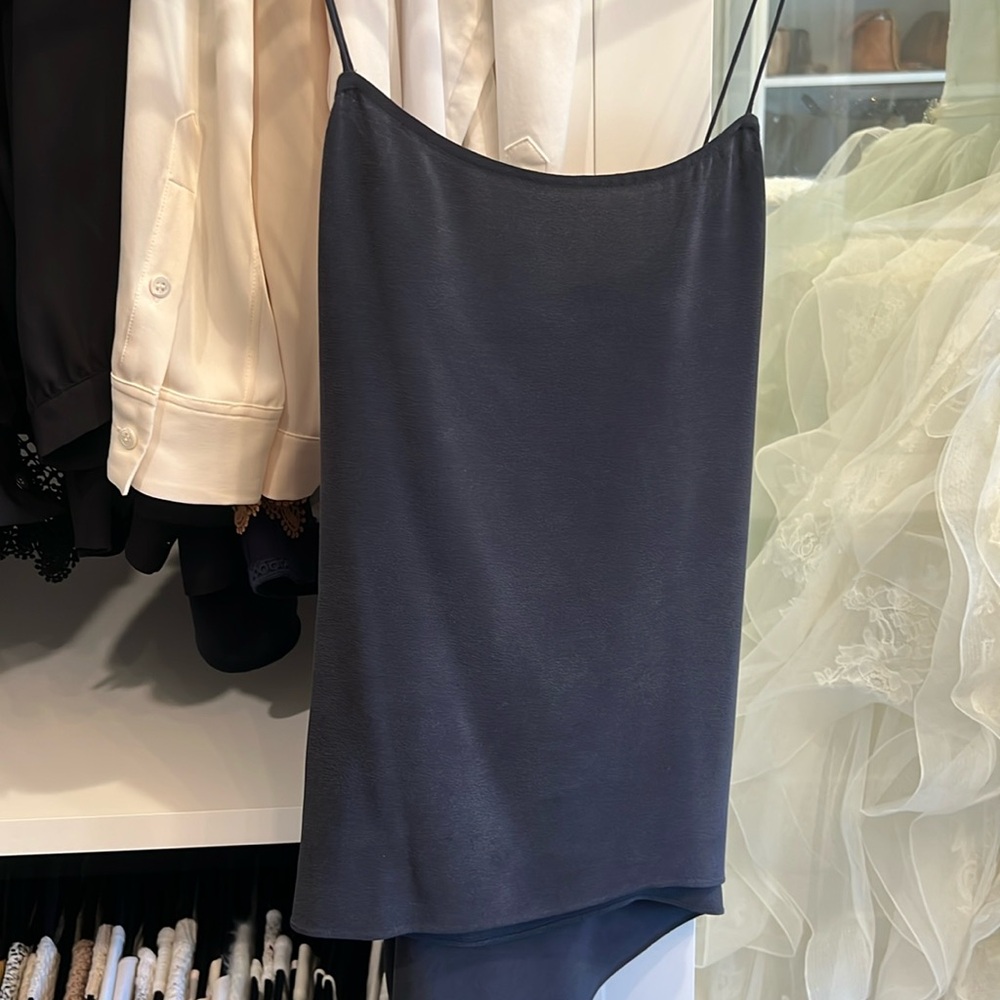 Theory navy silk draped, blouse size petite